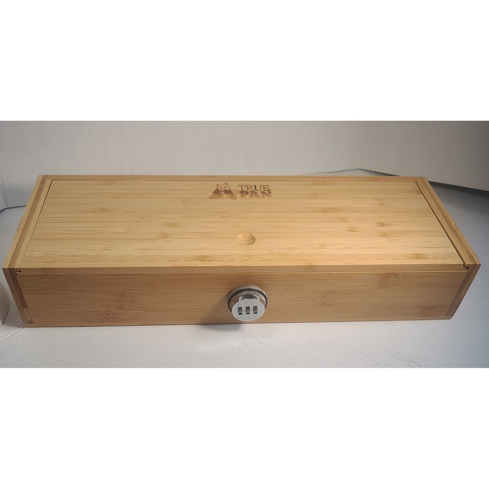 True Pan Bamboo Storage Box with 3-Digit Combination Lock Slotted Dividers 16.5"